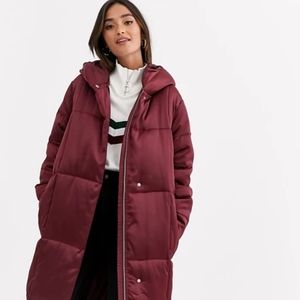 asos long puffy jacket in oxblood